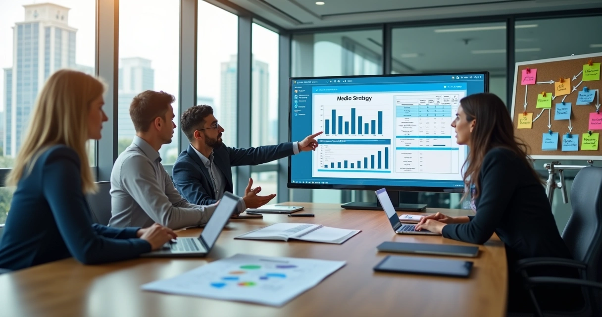 Equipe empresarial analisando estratégias de assessoria de mídia em reunião 