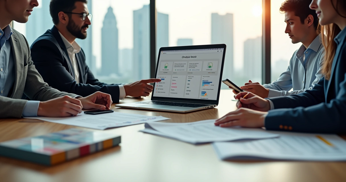 Empreendedores avaliando catálogo de produtos importados em reunião de negócios 