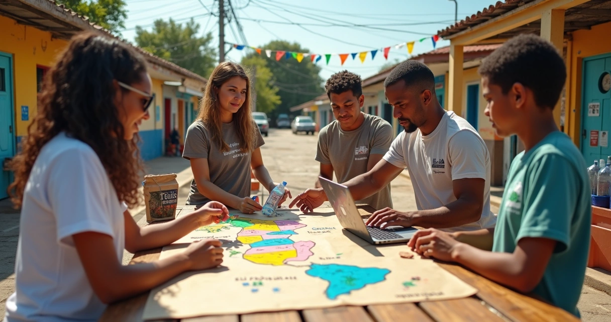 Grupo de empreendedores sociais brasileiros trabalhando em praça comunitária colorida 