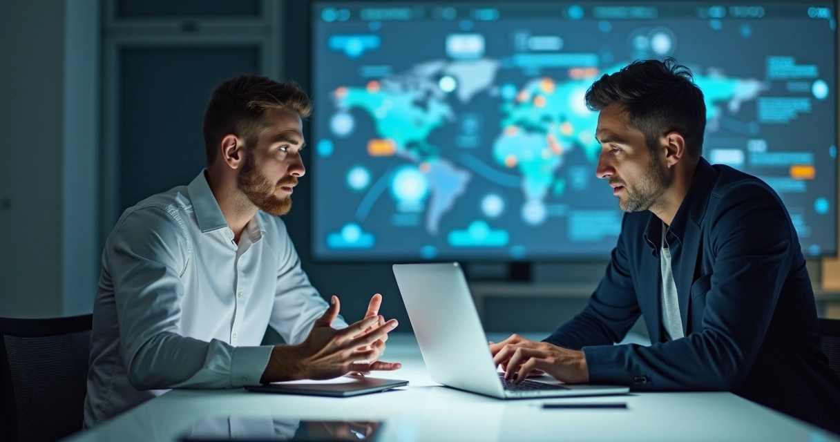 Dois jovens homens discutem tecnologia ao redor de uma mesa de escritório, laptops abertos, quadros com gráficos e ícones digitais ao fundo. 