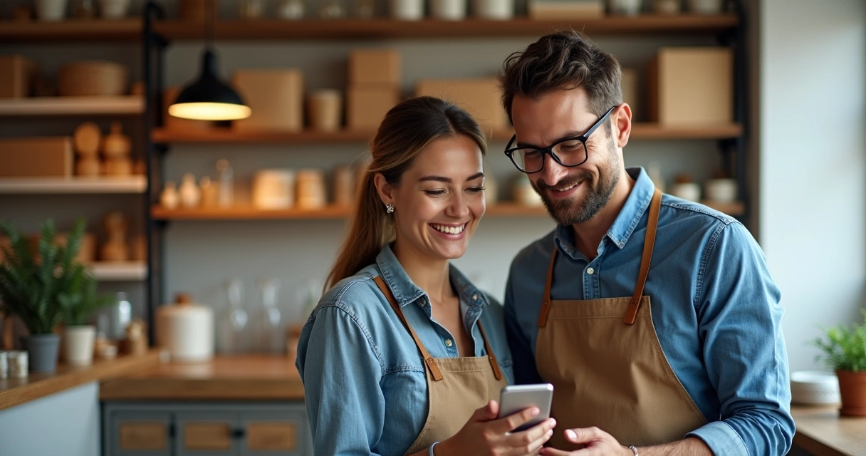 Duas pessoas sorrindo mexendo em celular em loja pequena 