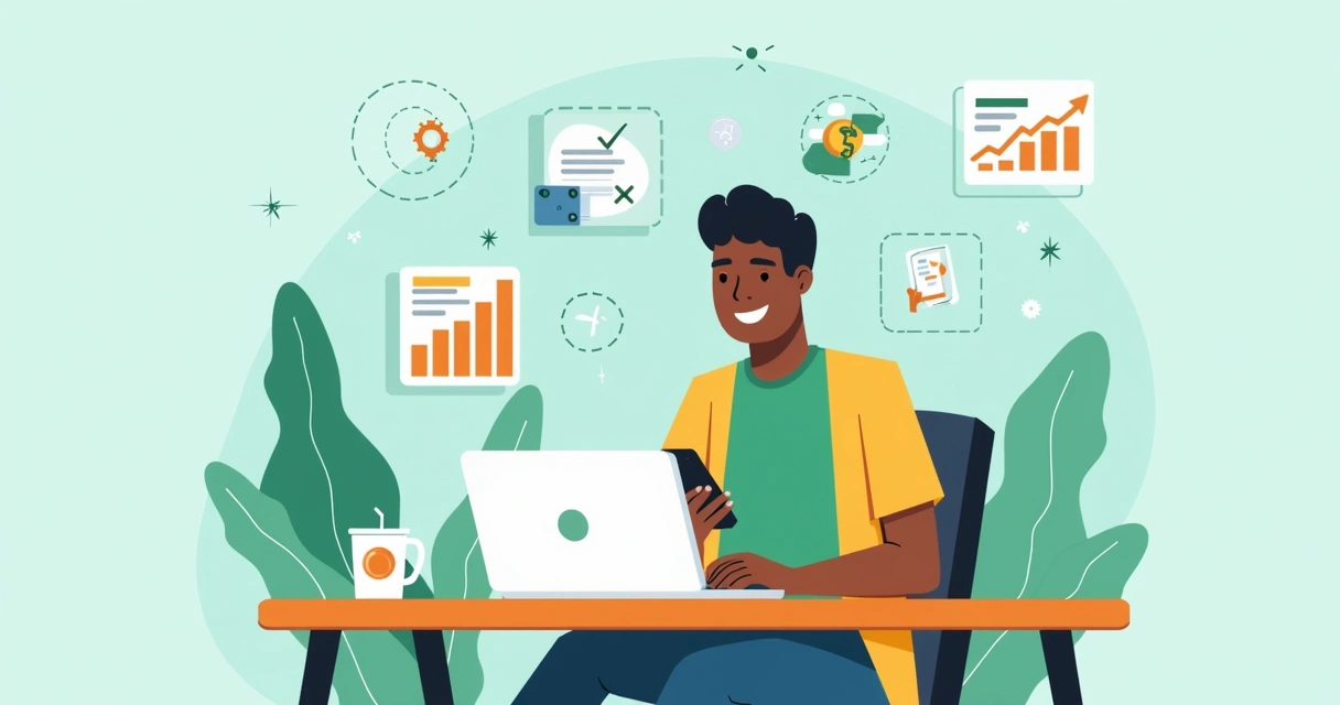 Empreendedor brasileiro sorrindo com celular e computador, crescimento mostrado por gráficos 