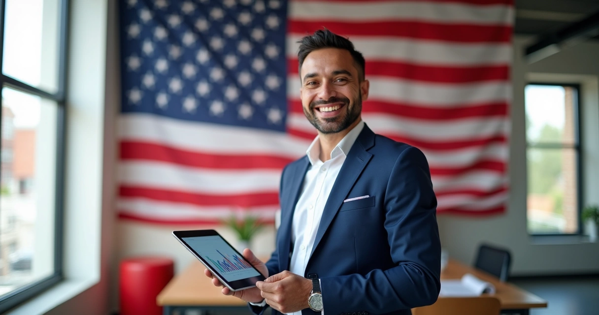 Empreendedor brasileiro sorrindo com bandeira dos EUA ao fundo 