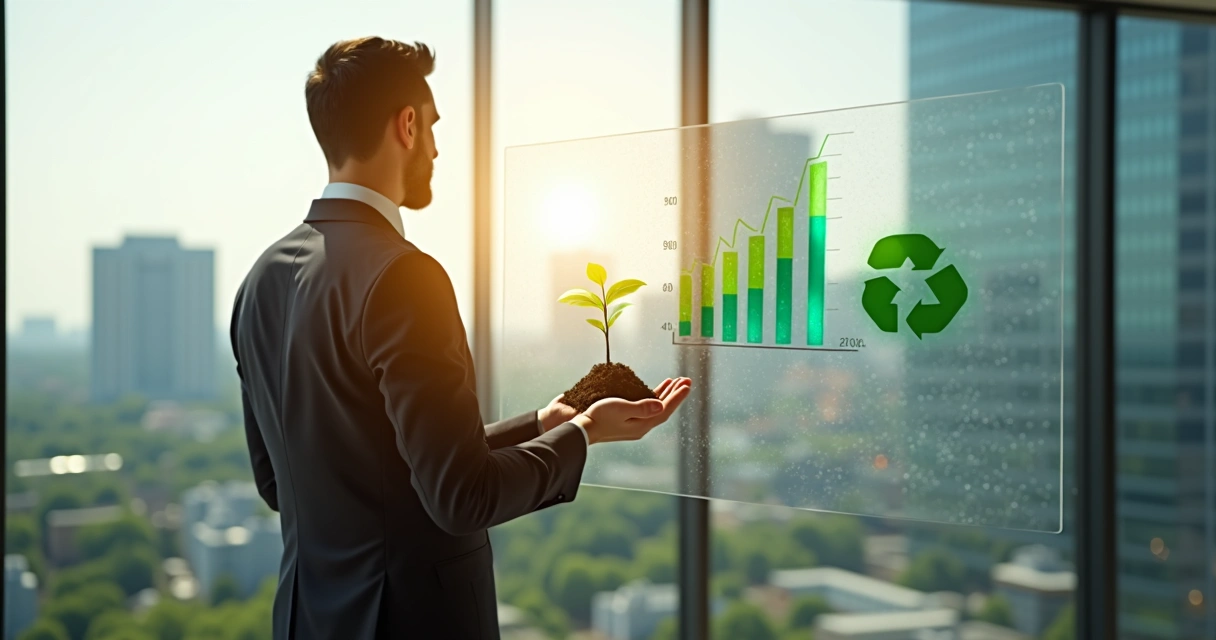 Empresário segurando uma pequena muda com solo, sorrindo, e na outra mão gráficos de sustentabilidade, paisagem urbana ao fundo.