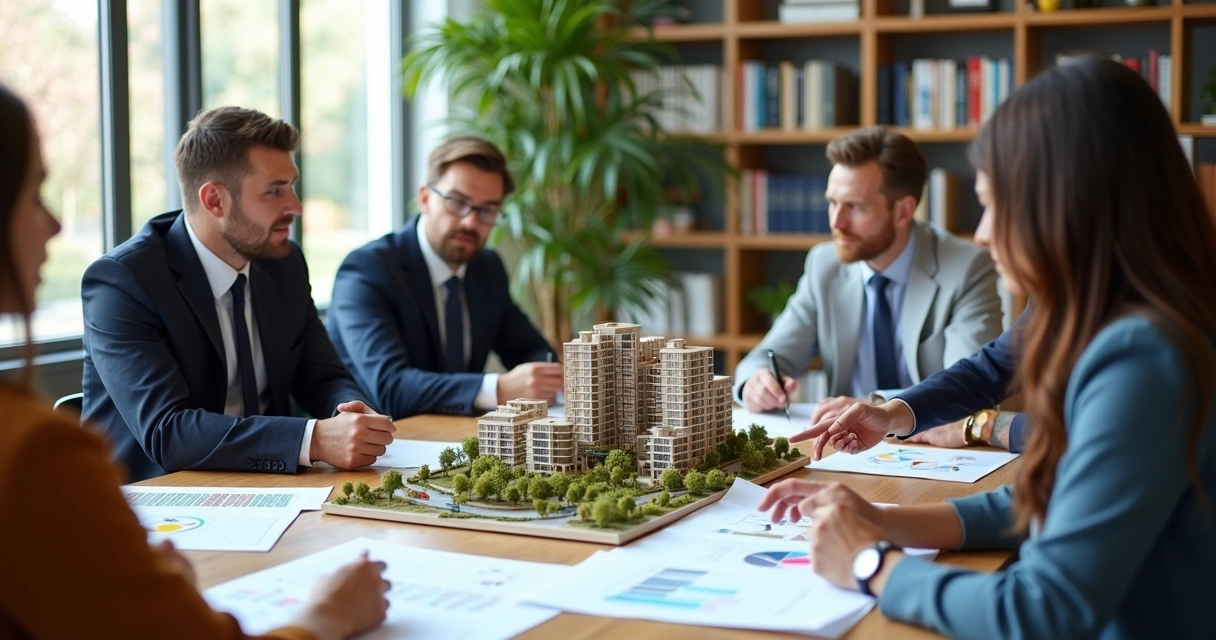 Mesa de reunião com maquete de empreendimento imobiliário e pessoas discutindo projetos 