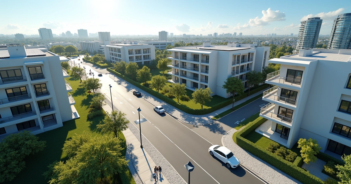 Vista aérea de empreendimento inteligente moderno com prédios comerciais e residenciais em Paulínia, área verde e tecnologia integrada 