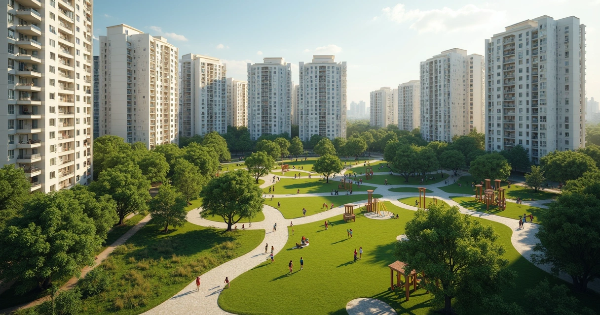 Vista aérea de condomínio do Minha Casa Minha Vida com torres residenciais e área verde 