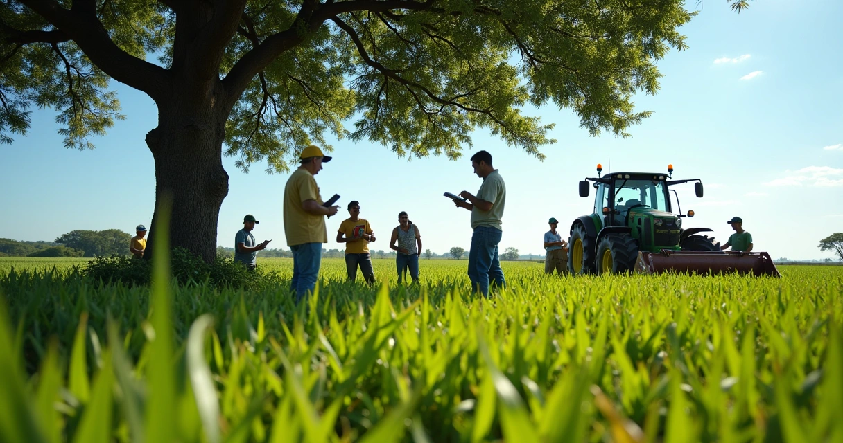 Trabalhadores rurais e técnicos usando tecnologia no campo