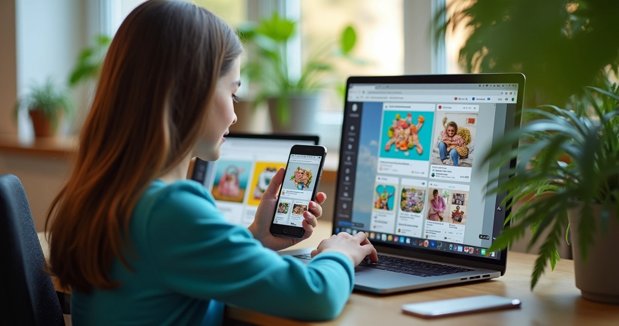 Persona usando laptop y móvil para promoción online 