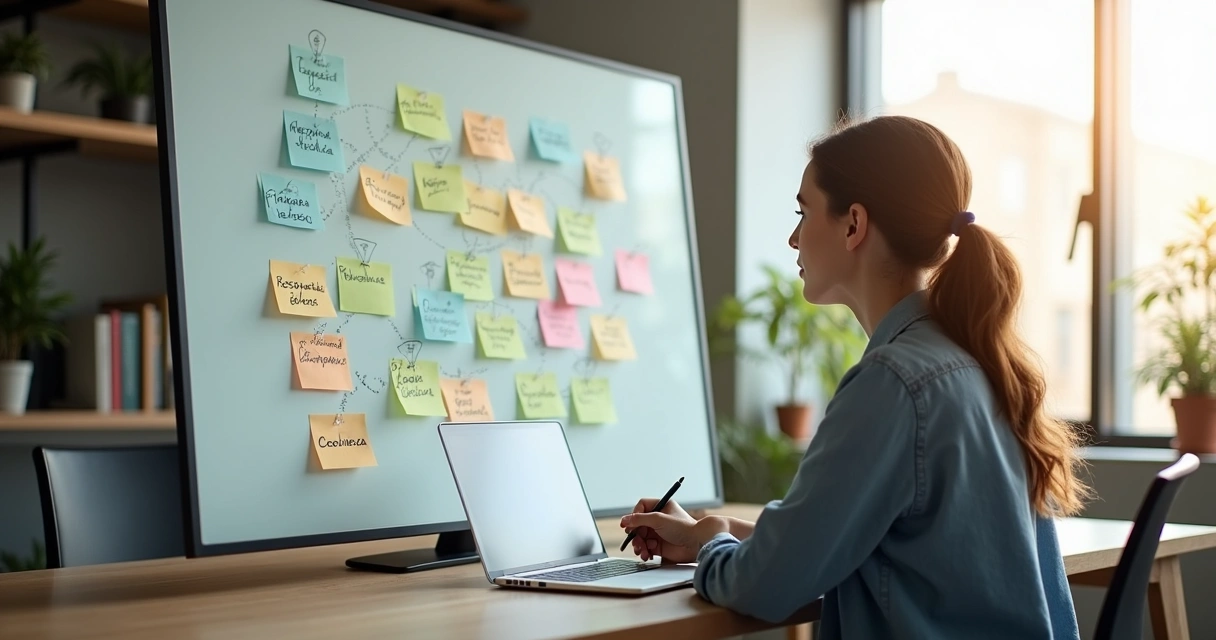 Persona reflexionando frente a un tablero con valores escritos en notas adhesivas 