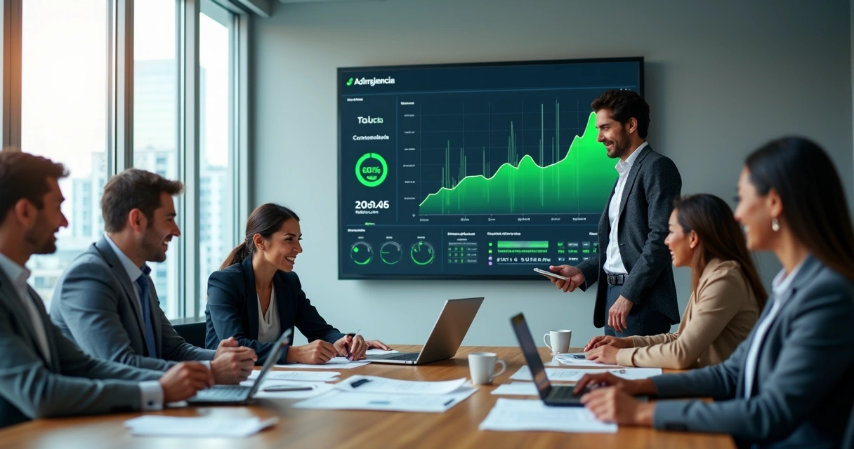 Equipe financeira analisando gráficos de adimplência em painel digital 