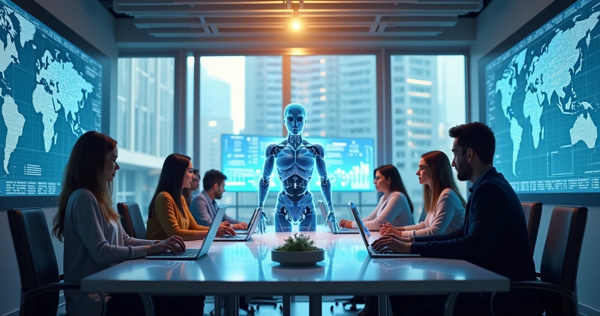 Equipe mista de pessoas e IA em uma mesa de reuniões