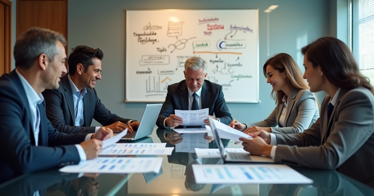 Equipe de empresa reunida analisando documentos e checklist na sala de reunião 