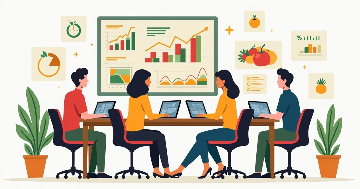 Equipe analisando dados de alimentação saudável em empresa 