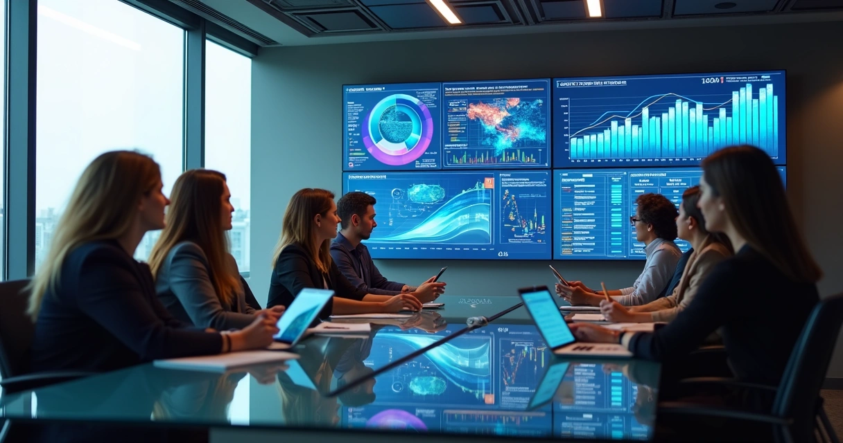 Equipe em uma sala de reuniões analisando gráficos em telas com IA 