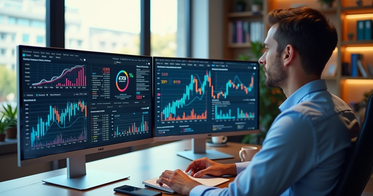 Profissional analisando métricas de marketing digital em telas com gráficos coloridos e dados financeiros 