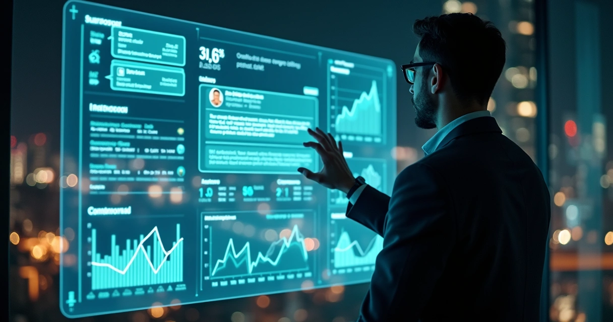 Empresário em frente a holograma do ChatGPT com gráficos de crescimento 