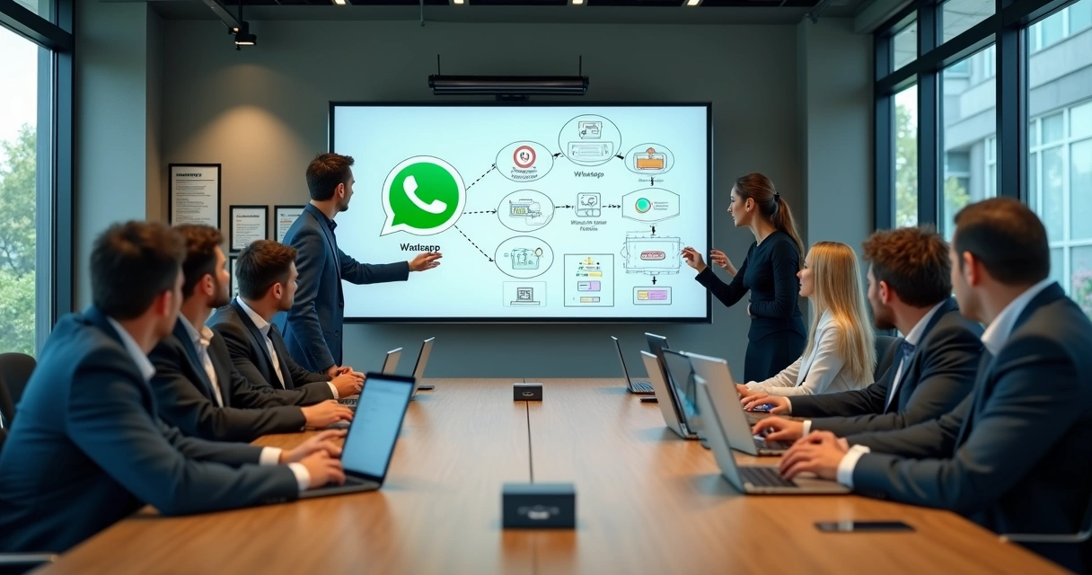 Equipe analisando requisitos técnicos da API Oficial do WhatsApp em painel com fluxos e métricas 