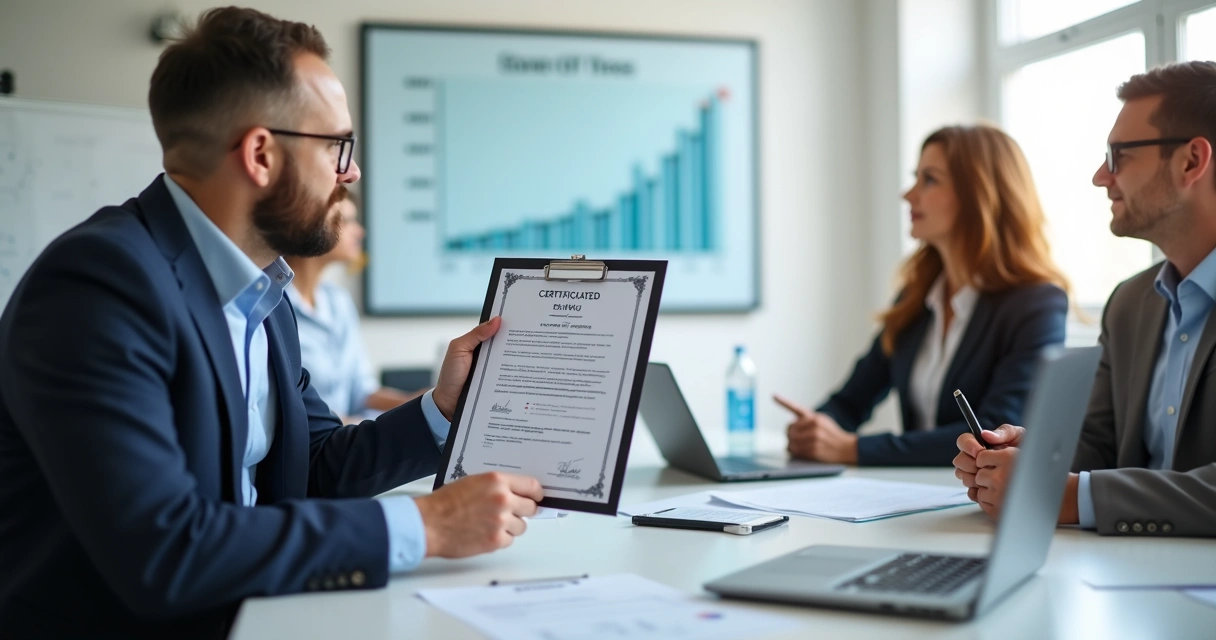 Pessoa apresenta atestado técnico para licitação em mesa de reunião, com papéis e computador.