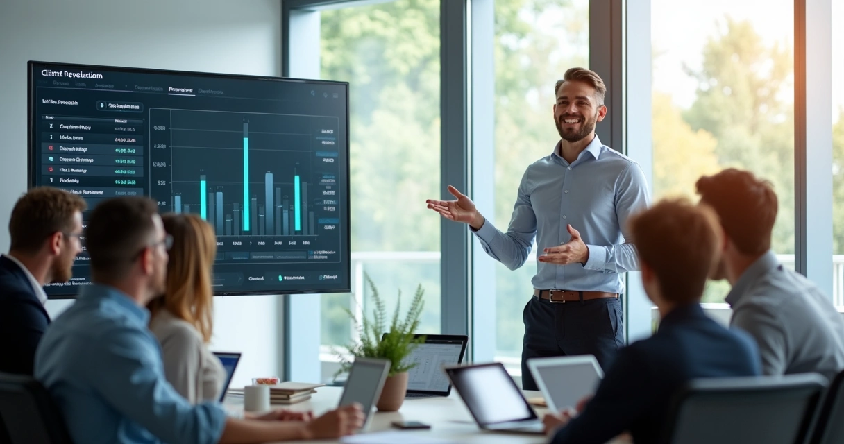 Gestor apresentando plataforma financeira personalizada a equipe de assinaturas