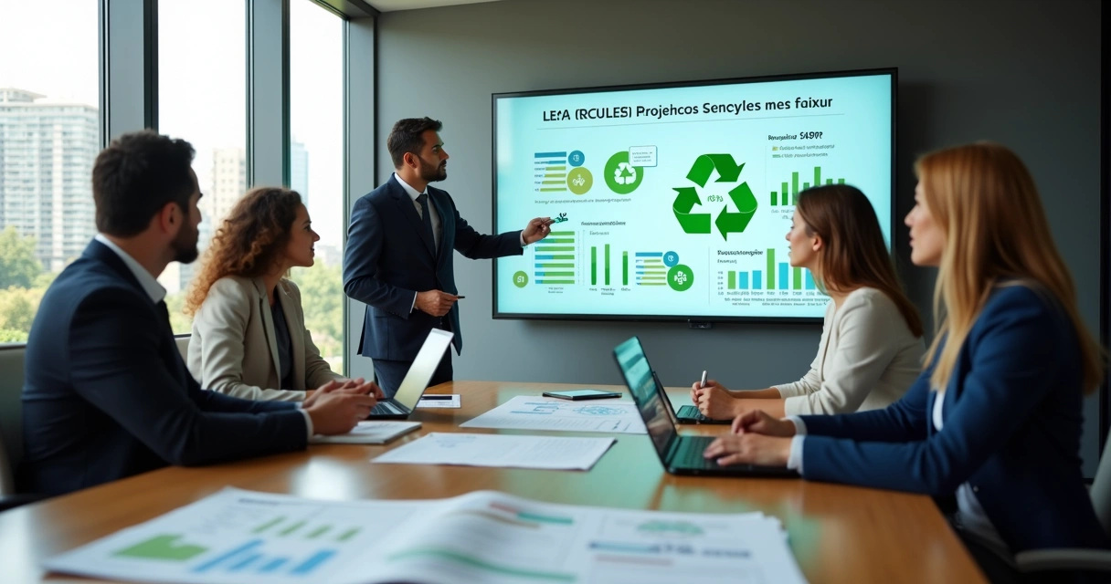 Equipe empresarial apresentando projeto de reciclagem sustentável em tela com gráficos de impacto 