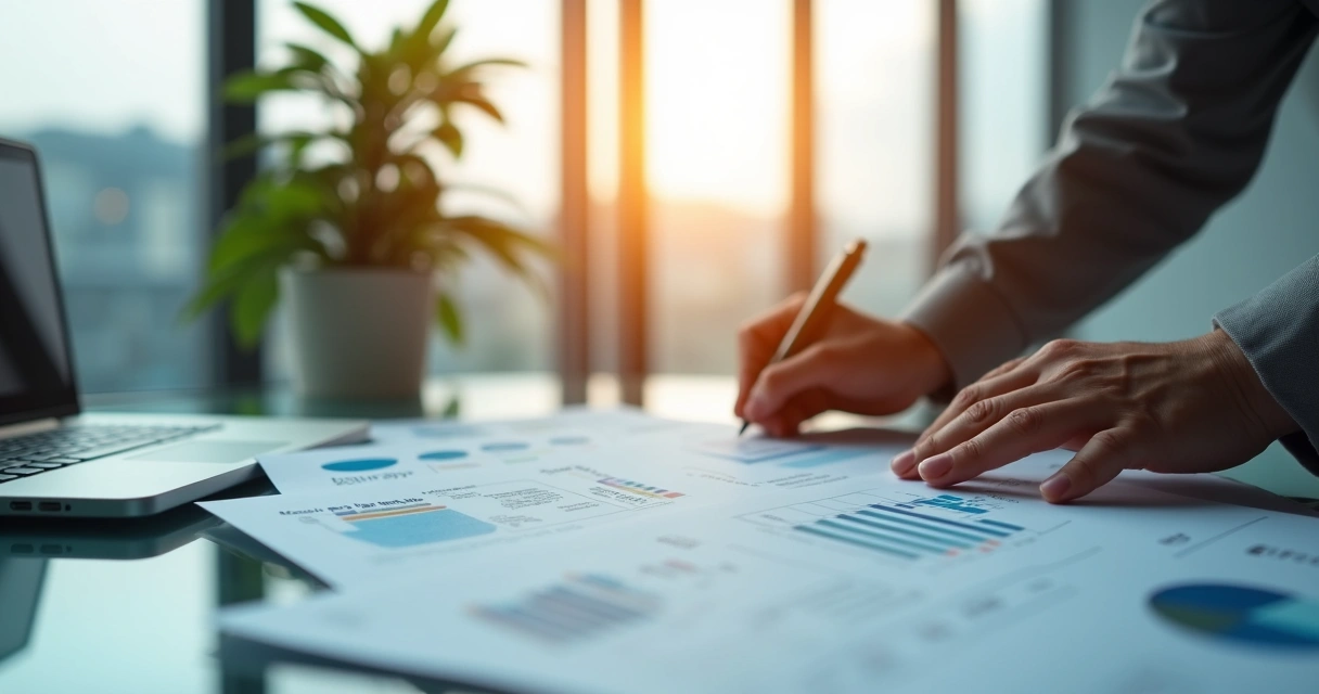 Empresário analisa documentos fiscais em escritório moderno 