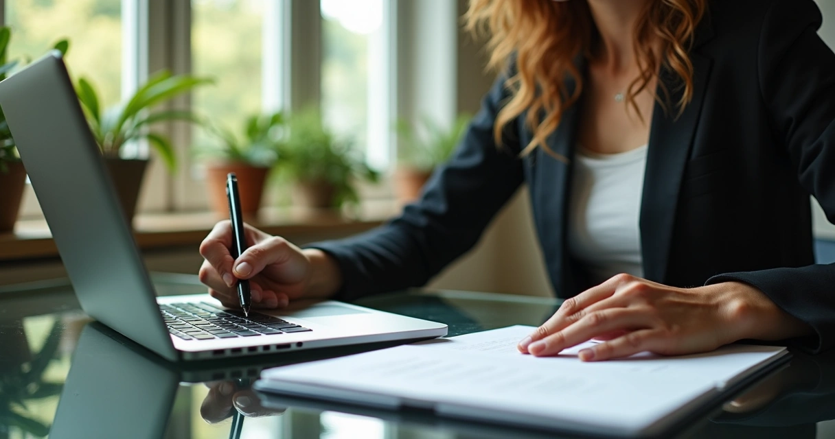 Executiva assina documento digital em tela de notebook moderno