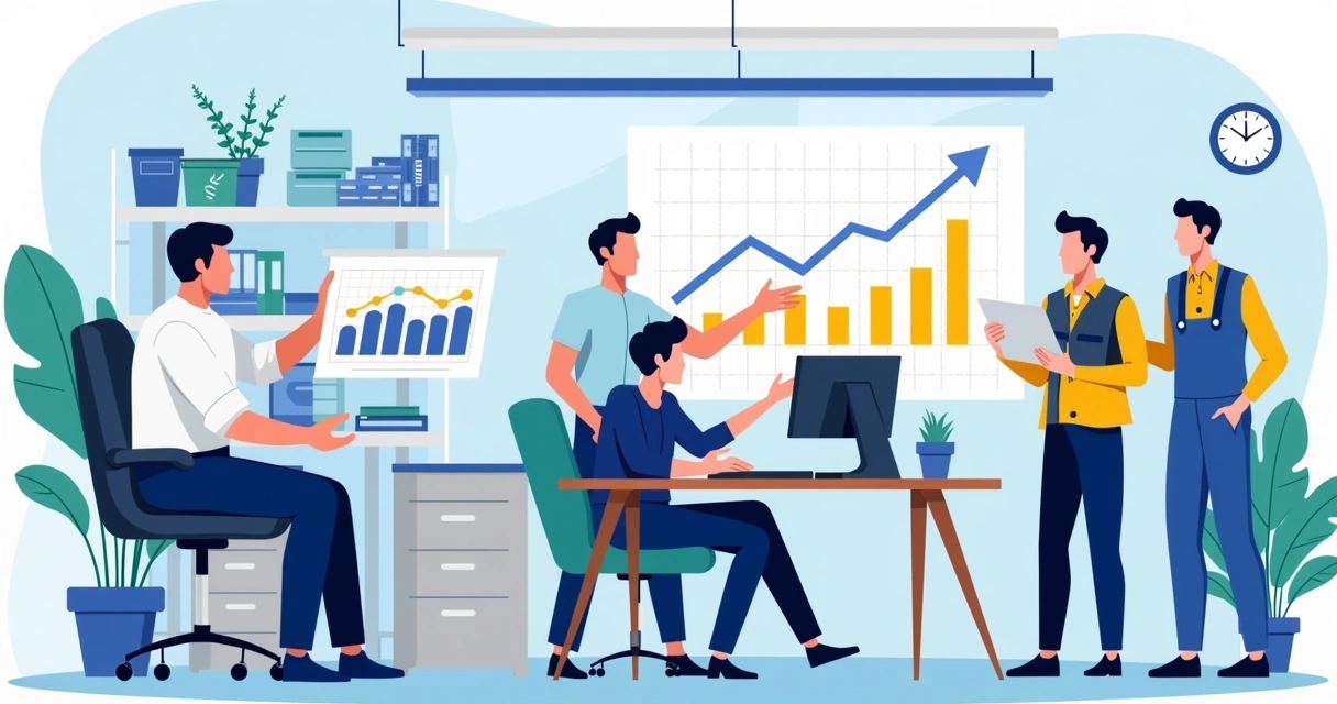 Gestor analisando crescimento em empresa de assistência com vários técnicos trabalhando em diferentes áreas 