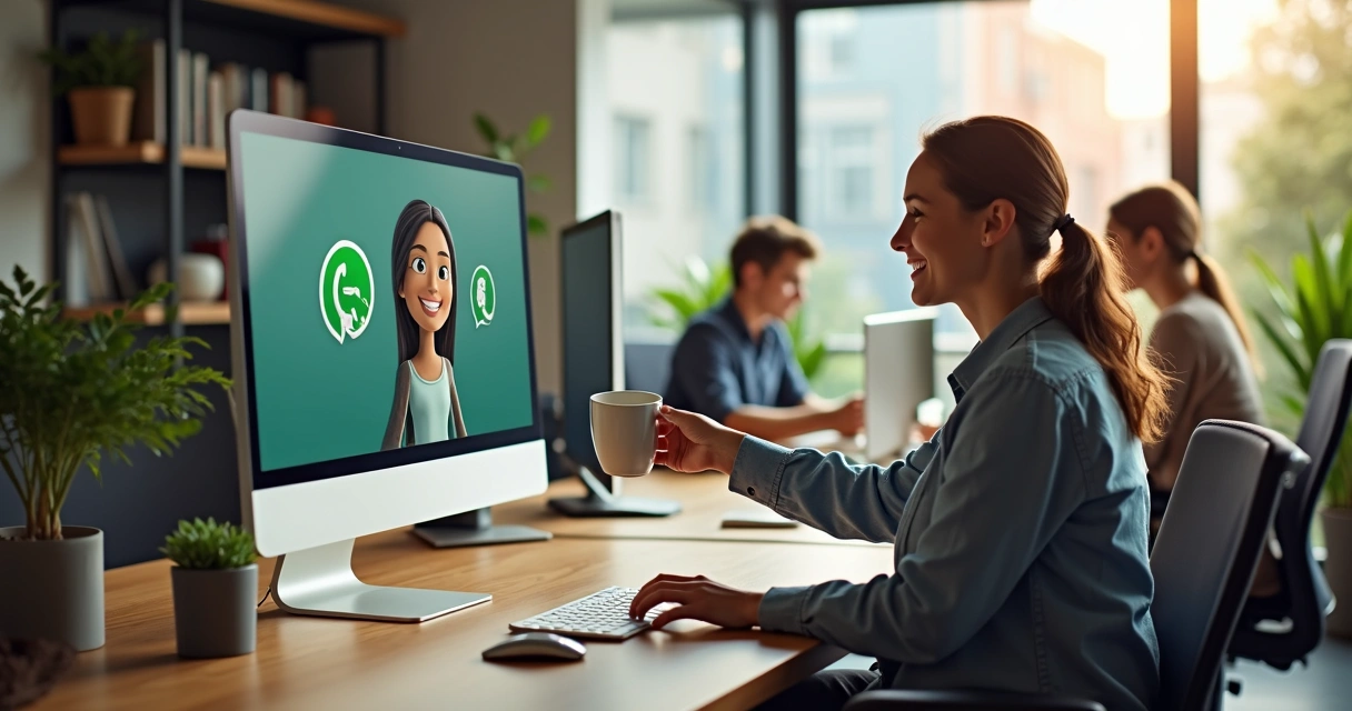 Equipe de atendimento com robô virtual em tela ao fundo 