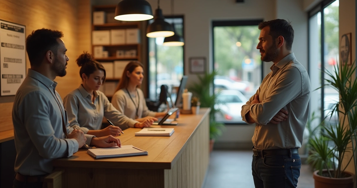 Empreendedor observando atendimento padronizado em balcão de pequena empresa 