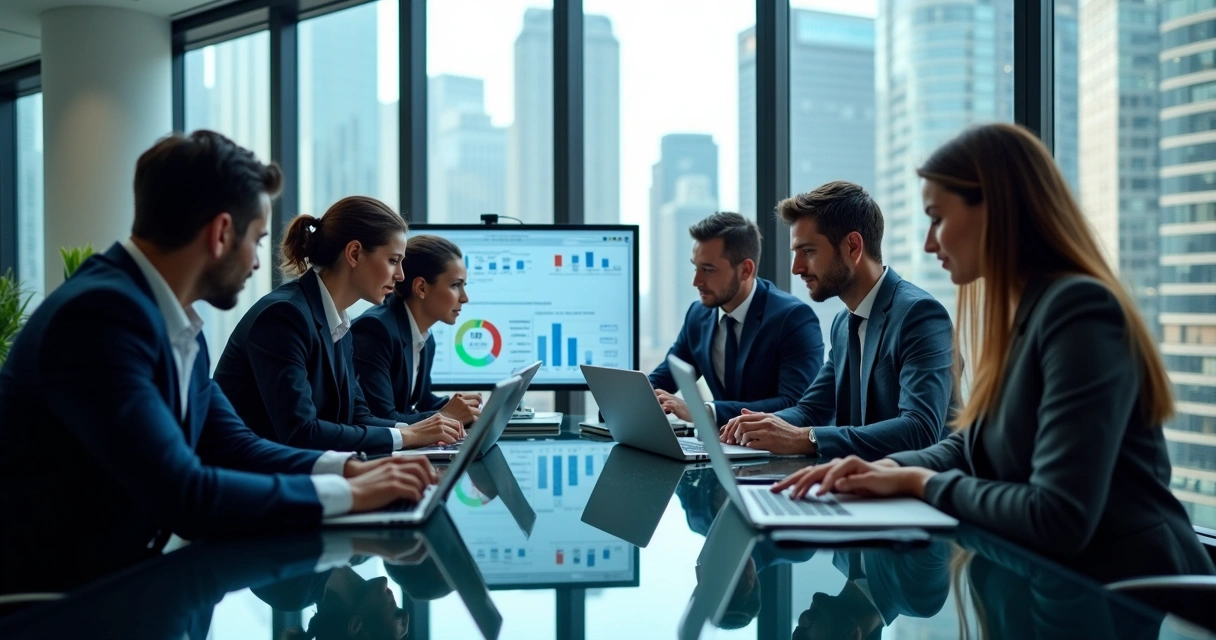 Equipe trabalhando em escritório analisando relatórios digitais