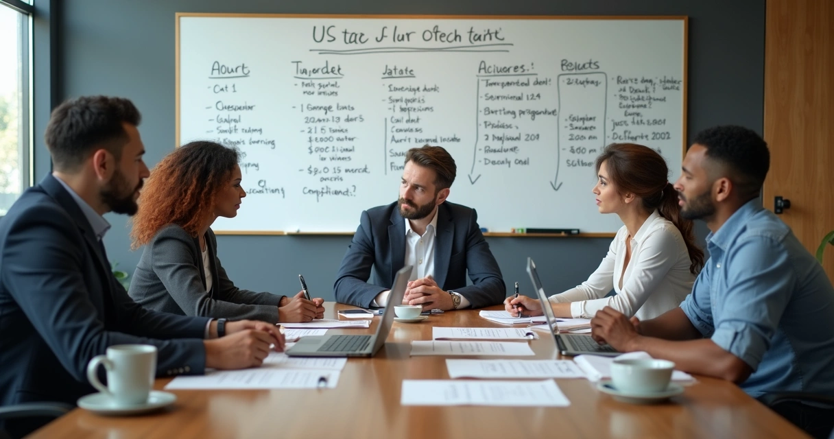 Equipe de empresa revisa documentos de impostos para IRS 