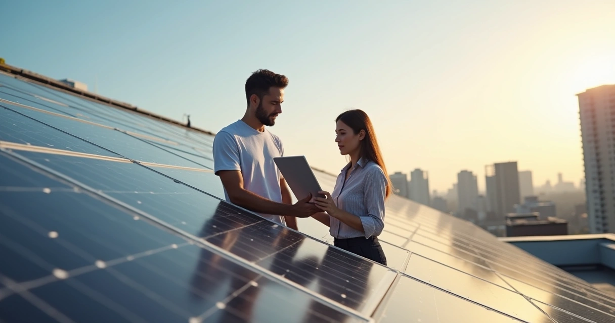 Empresa com painéis solares e pessoas analisando dados do autoconsumo na tela 