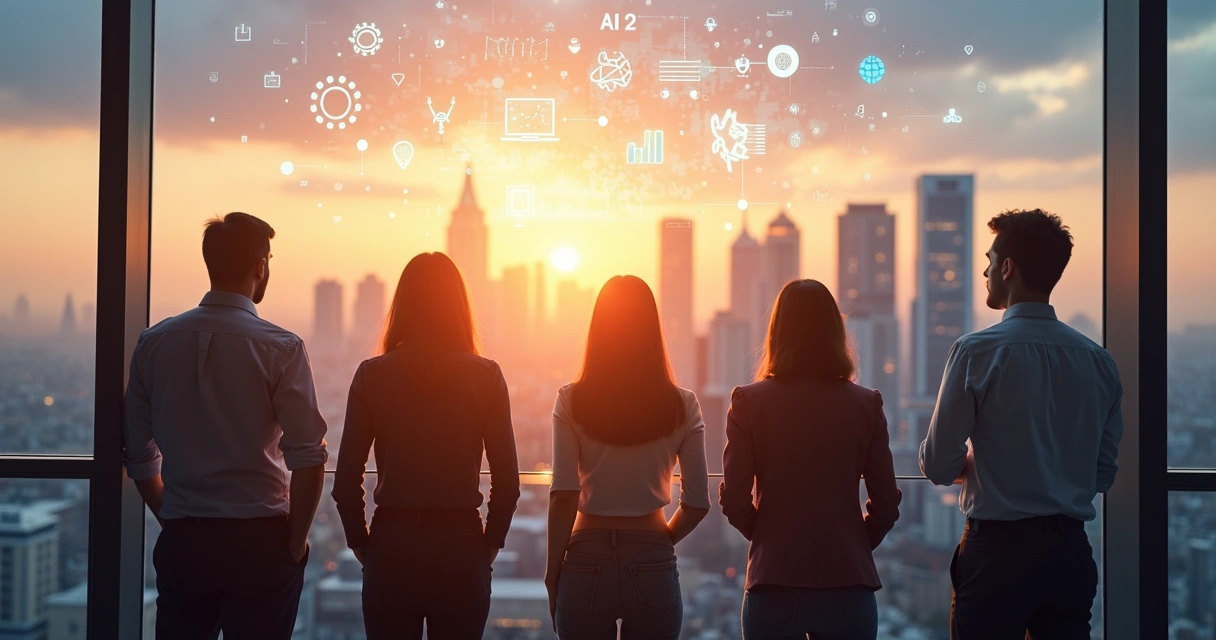 Empresa inovadora olhando para horizonte digital com ícones tecnológicos 