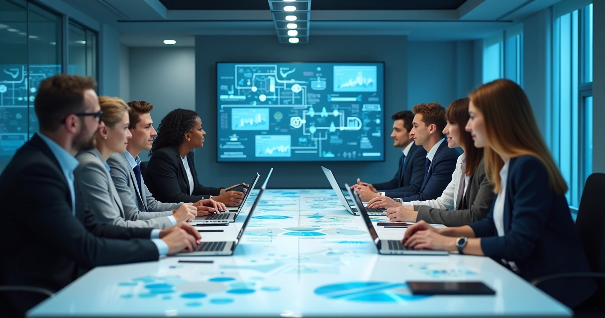 Equipe de negócios reunida ao redor de uma mesa analisando fluxogramas de automação de processos 