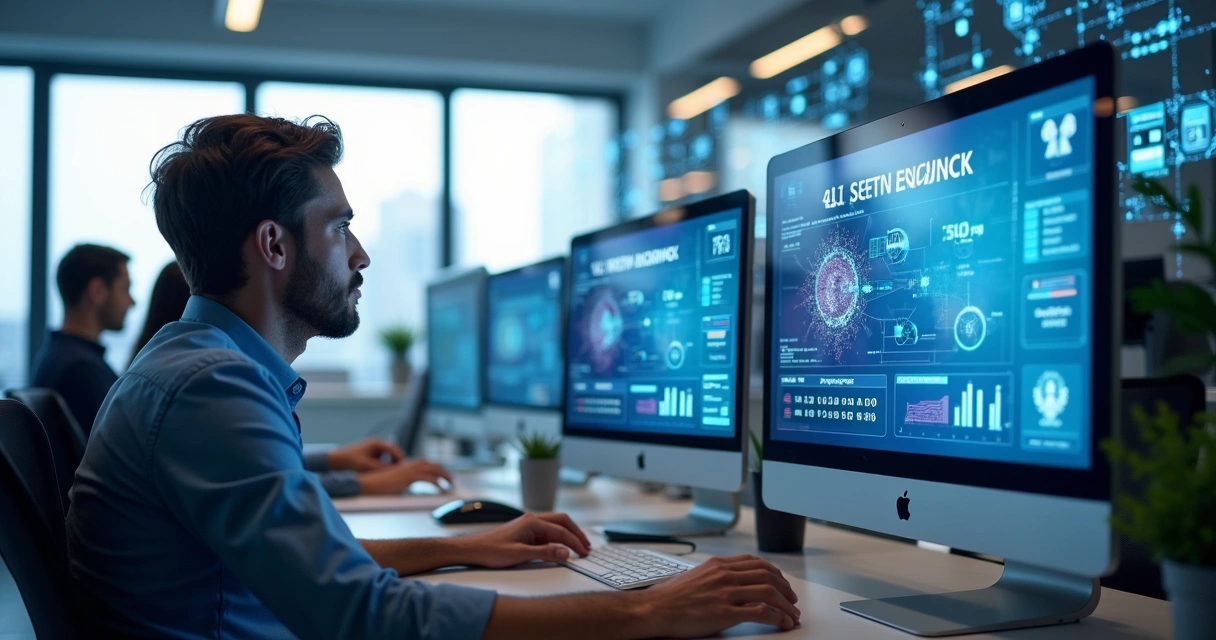 Ambiente moderno de escritório com profissionais usando computadores e telas digitais mostrando gráficos de automação e tecnologia 