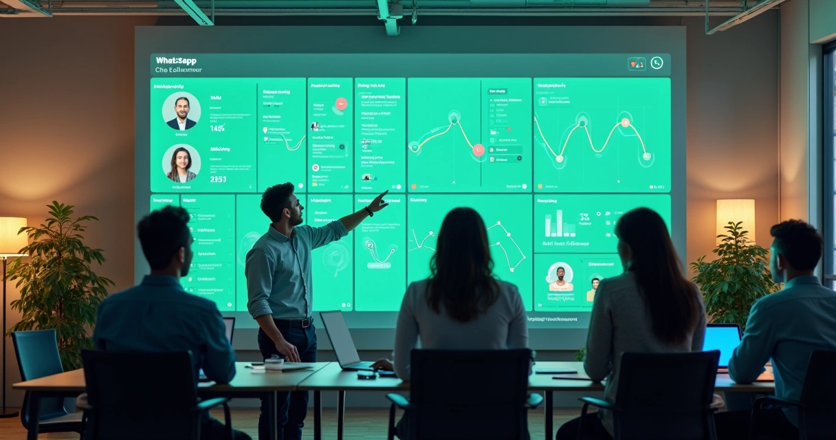 Equipe de empresa usando painel de automação para WhatsApp e analisando gráficos 