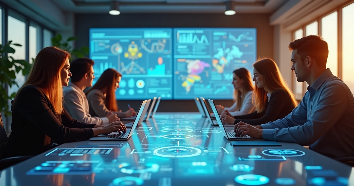 Equipe de uma empresa reunida em torno de uma mesa com laptops e telas mostrando fluxos de automação digital 