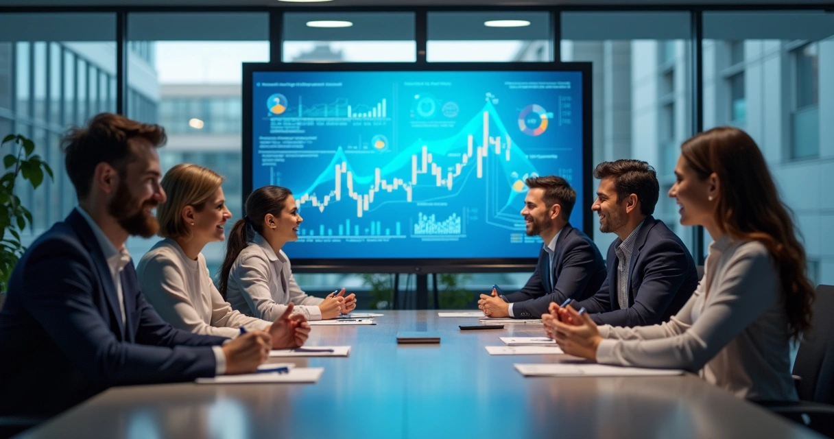 Equipe empresarial discutindo avanços em IA ajustada 