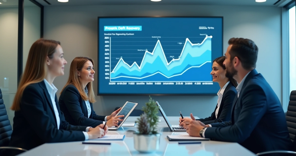 Sala de reuniões de empresa B2B analisando resultados de cobrança 