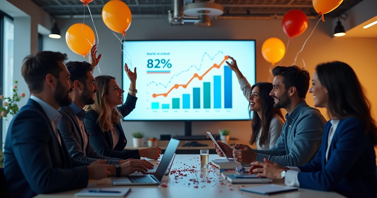 Equipe de empresa B2B comemorando crescimento em geração de leads 