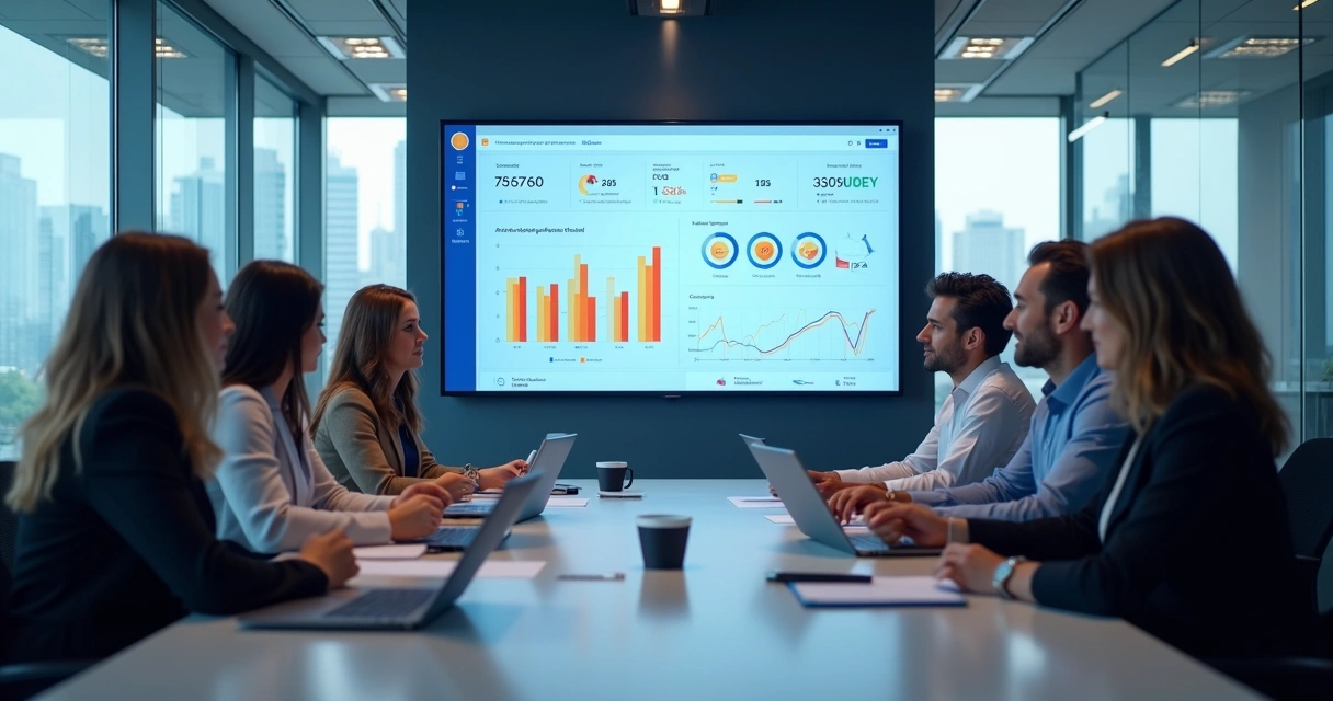 Equipe de empresa B2B em reunião analisando métricas de LTV em uma tela grande 