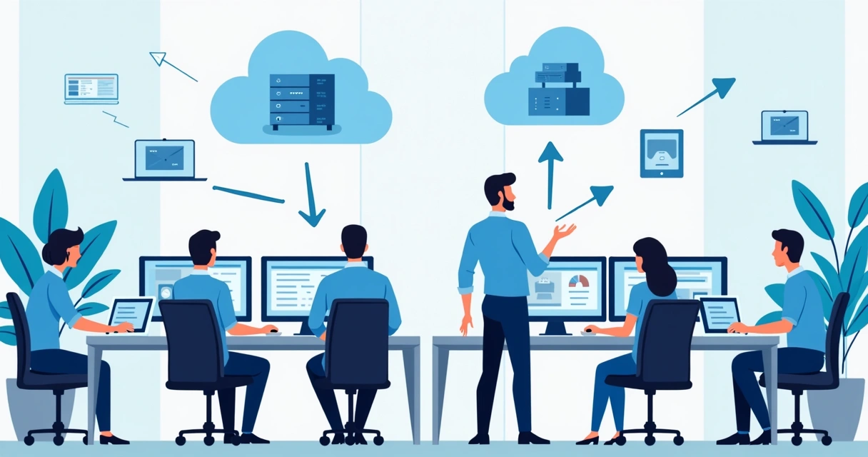 Equipe de TI monitorando sistemas de backup local e em nuvem