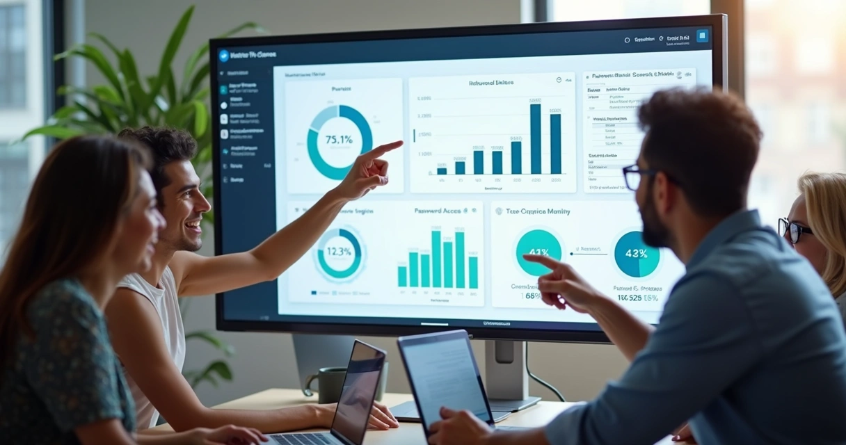 Equipe de TI analisando gráficos de benefícios do SSO 