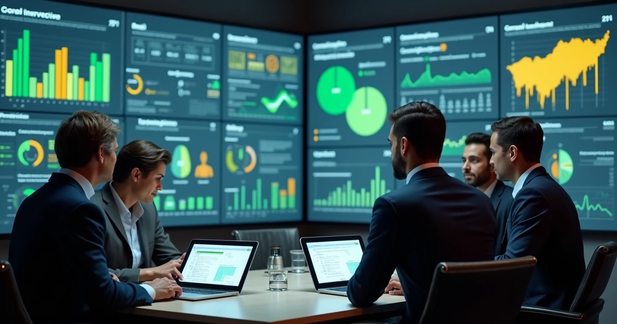 Executivos brasileiros analisando agentes de IA em mesas de reunião 