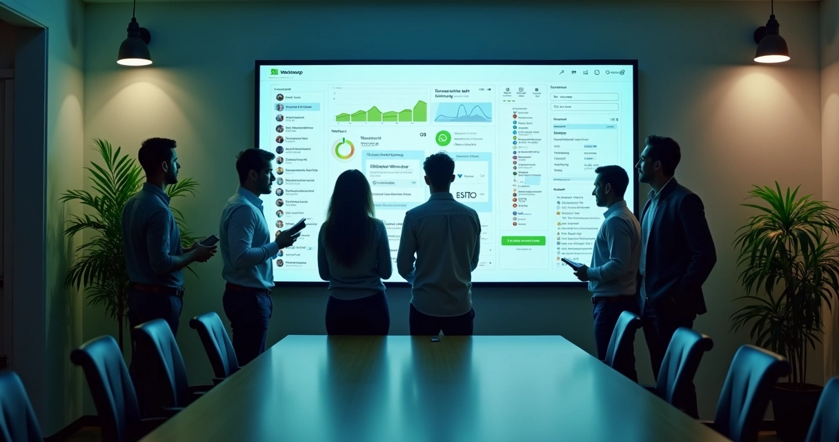 Equipe de empresa brasileira reunida monitorando automação de marketing digital