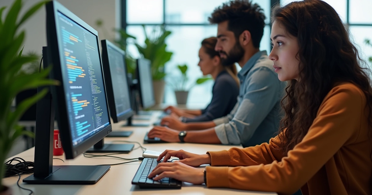 Equipe de desenvolvimento em escritório moderno no Brasil trabalhando com Laravel 