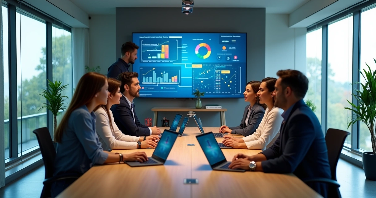 Equipe de empresa brasileira média usando painel de inteligência artificial em escritório moderno 