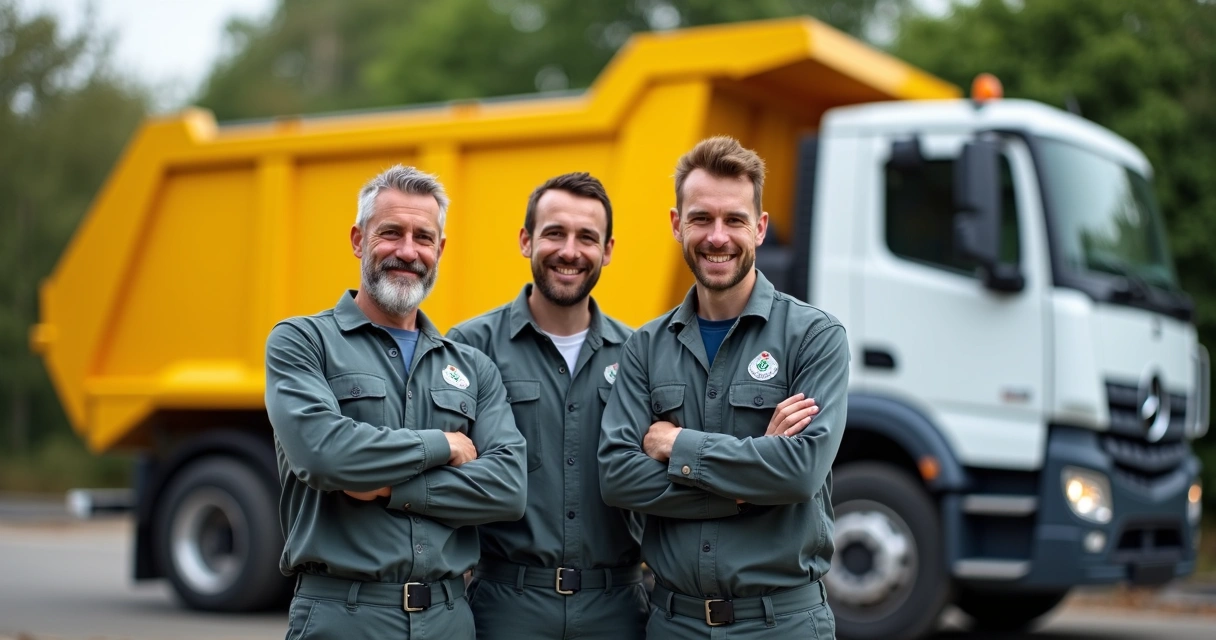 Equipe de empresa de caçamba de entulho uniformizada, ao lado de caminhão e caçamba. 