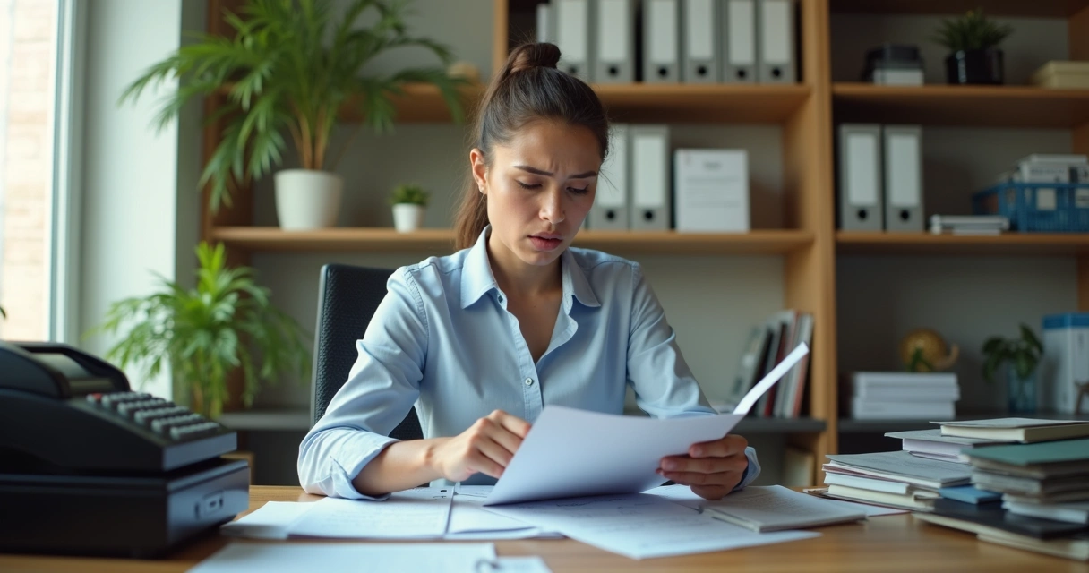 Gestora olhando planilha preocupada, caixa registradora ao lado, expressão séria. 